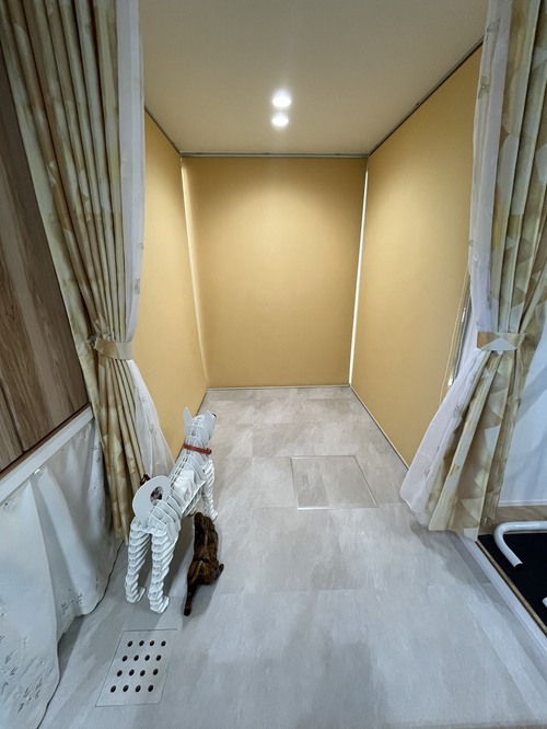 【明るいドッグスペース】お施主様がお好きなのオレンジ色のロールスクリーンを取り付けると小部屋みたいになりました☺